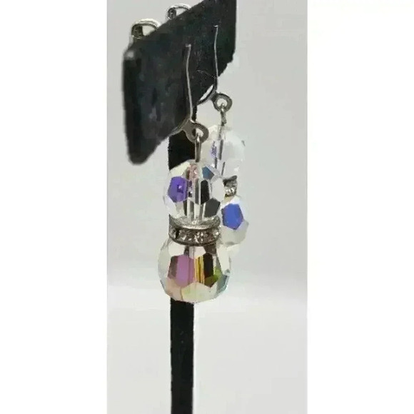 Vtg Earrings Clip Long Dangle Crystal Faceted AB Prism Balls Rhinestone Accent - Picture 4 of 8